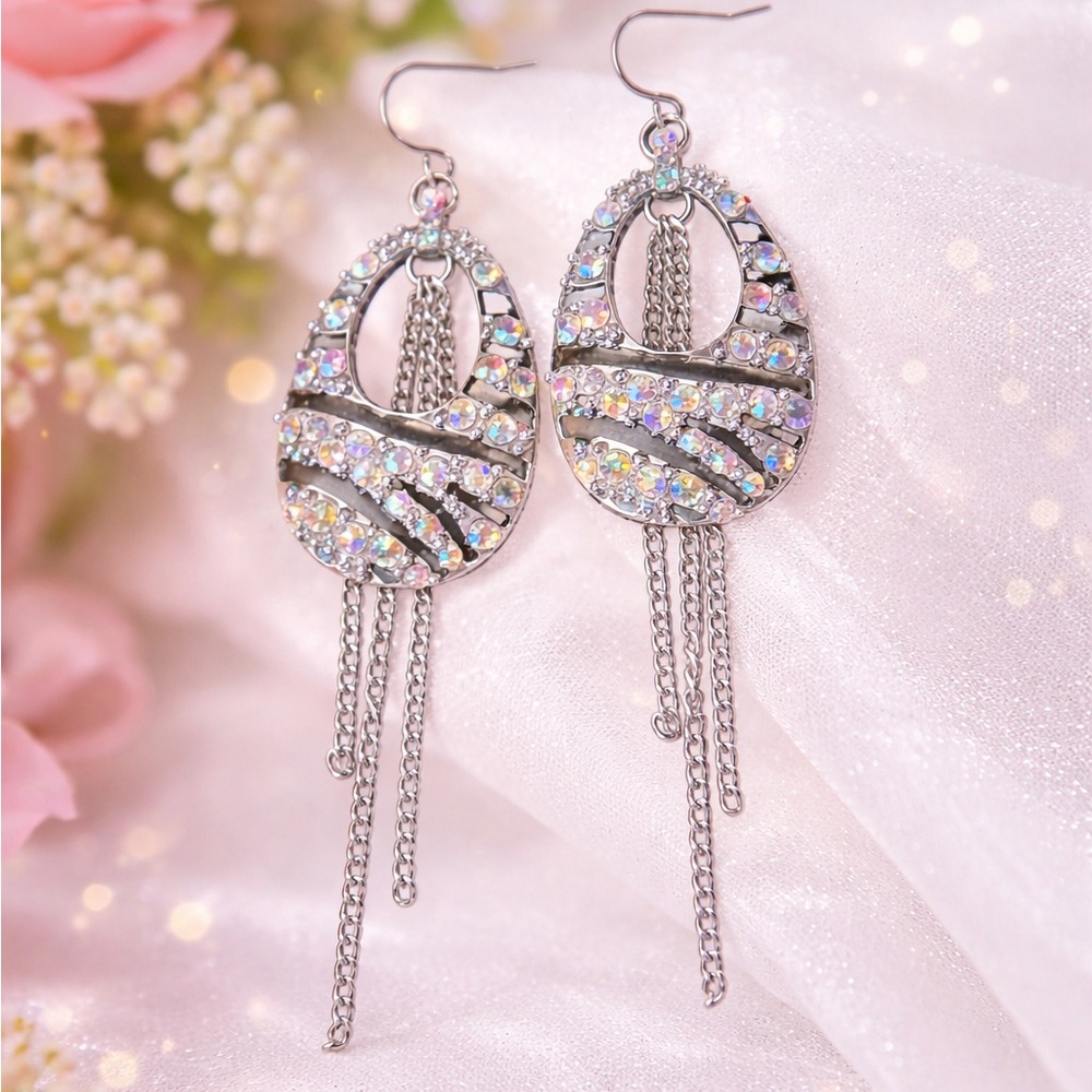 Tear Drop Drop Dangle Chain Rhinestone Statement Earrings Blingy Colorful Stripe